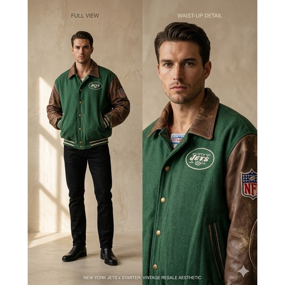 Vtg 90s Starter NFL Pro Line NY Jets Varsity Jacket Wool Leather Mens L